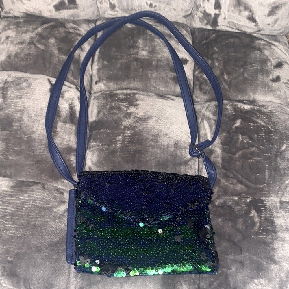 Brand new small blue and green sequin shoulder bag